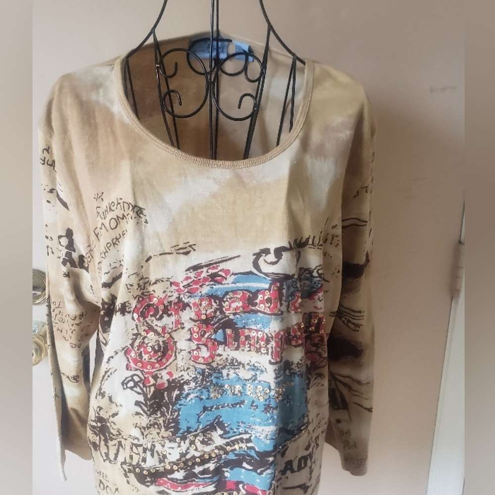 Jane Ashley Women Tan & Cream T-shirt with Abstract Design, Size 2X